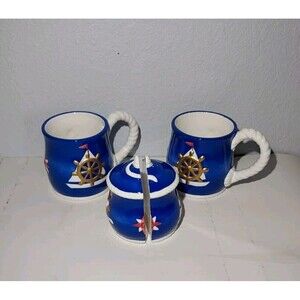 LEFTON Vintage Blue Nautical By The Sea Salt & Pepper Shakers  2 Coffee Mugs NEW